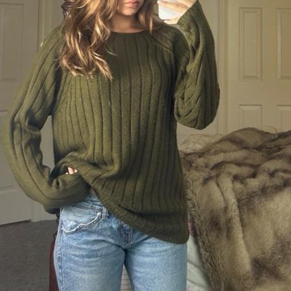 vintage olive green oversized ribbed knit sweater